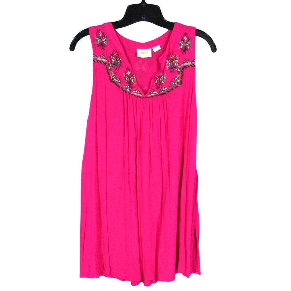 MAEVE Anthropologie MALINDI Pink RAYON GAUZE Embroidered V-NECK Tunic Tank Top S